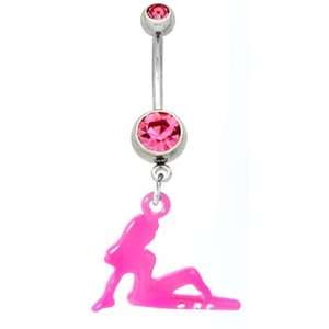   Steel Belly Ring with Pink Crystals   Dangling Pink Lady: Jewelry