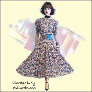 VINTAGE 80s FULL SKIRT ROMANTIC FLORAL PARTY SWING DANCE LUCY DRESS 