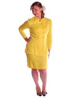 Bright yellow linen suit features details typical of the period with 