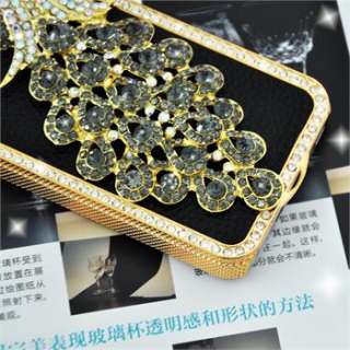 iPhone 4G 4Gs 4S Black Leather Peacock Diamond Rainstone Bling Case 