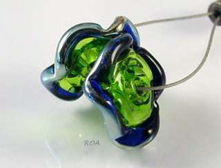 ROA Lampwork 2 Lime Slver Blue Ruffle Disc Beads SRA  