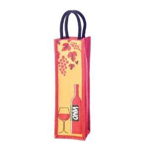 One Bottle Vino Red & Yellow Jute Wine Tote w/ Black Rope Handle 