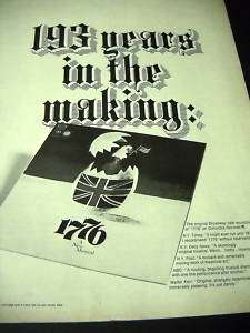 1776 a musical 193 YEARS IN THE MAKING 1969 Promo Ad  