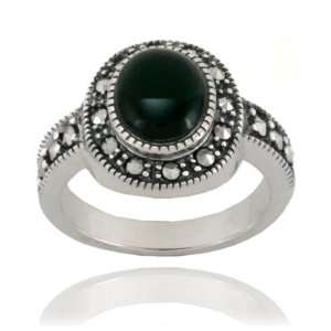    Sterling Silver Marcasite and Onyx Oval Ring, Size 5: Jewelry