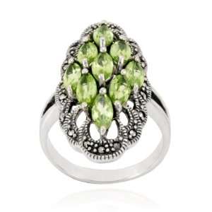 Sterling Silver Marcasite and Peridot Multi Stone Marquise Ring, Size 