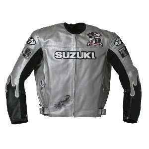 Joe Rocket Suzuki Vertical Mens Leather Motorcycle Jacket Silver/Black 
