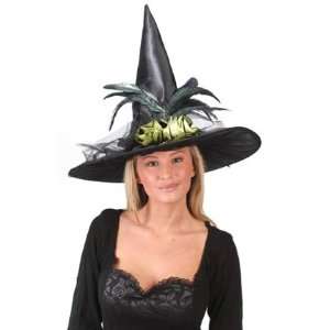  Feathered Black Witch Hat with Olive Green Roses, Witch 