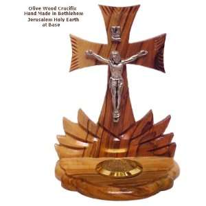 Olive Wood Crucifix with Holy Earth on Base Spiritual Religious Made 