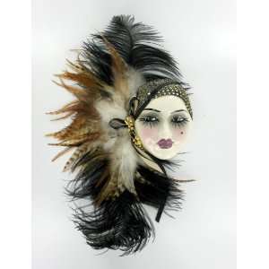   Porcelain Brown Black Feather Lady Face Wall Art Mask