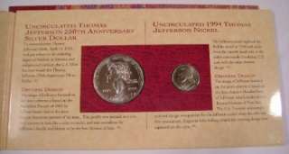 1976 Thomas Jefferson Coinage and Currency Set   $2 Bill $1 Silver 