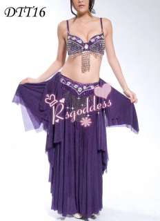   purple belly dance costume 3 pics bra belt skirt 36D 38D  