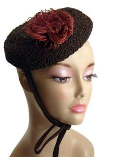 Beautiful Vintage 40s Brown Embroidered Tilt Cocktail Hat  