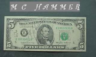 Hammer autograph FIVE dollar bill FREE SHIP  