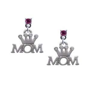  Mom with Crown   Hot Pink Swarovski Post Charm Earrings 