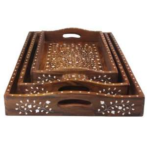  Wooden Decorative Trays with Inlay   Set of 3