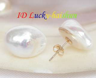 BAROQUE 18mm white freshwater pearls Earrings 14K gold post j7820 