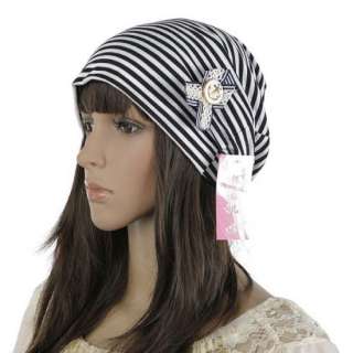 Black & White Stripe Toque Beanie Cap Winter Ski Hat Wamer Bowknot 