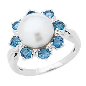  White Pearl and Blue Topaz Ring in 925 Sterling Silver 