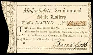 March 2, 1790 Massachusetts State Lottery Ticket  
