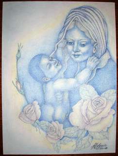 AFRICAN AMERICAN ORIGINAL drawing  MARY, JESUS w/ ROSES  