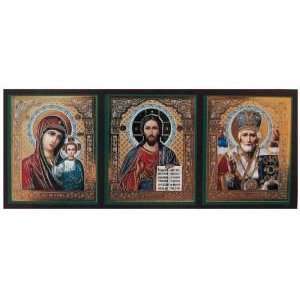 Jesus, Holy Mary, St Nicholas, Orthodox Icon, Trio (Lithography, 3.6 