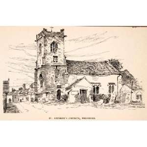 1925 Wood Engraving St. Andrew Church Pershore England Architecture 