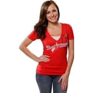   Buckeyes Womens Red Nike Vintage Vault Logo Tri Blend V neck T Shirt