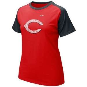  Nike Cincinnati Reds Ladies Red Black Team Logo Raglan T 