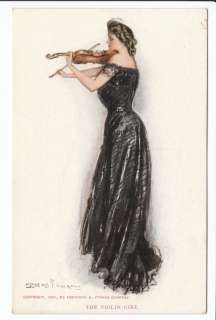  Underwood Artist Signed Postcard Violin Girl Old Vintage Pretty Lady