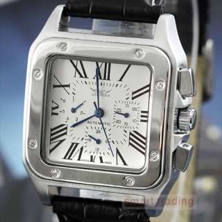White Square Face Mens Selfwind Auto Mechanical Wrist Watch Date/Day 