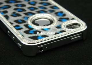   Bling Rhinestone Leopard Hard Case Cover F Verizon iPhone 4 4G 4S Blue
