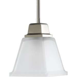   Pendant with Twin Arching Arms and Square Etched Glass, Brushed Nickel