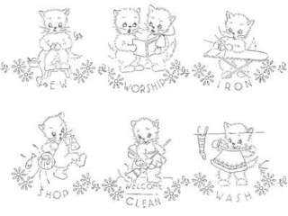 Vintage Embroidery Pattern 7 Busy Kittens for Towels  