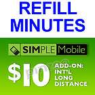 10 Simple Mobile Refill Minutes International Long Distance Add On $9 