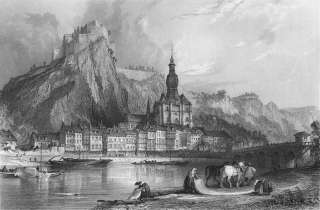 BELGIUM Dinant, Meuse Wright, antique print, 1840  