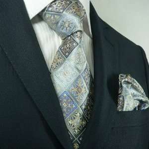  Landisun 89K Blue Gray Novelty Pattern Mens Silk Tie Set 