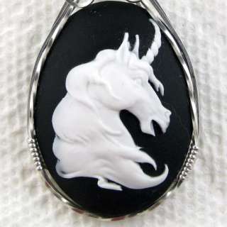 White Unicorn Cameo Pendant Sterling Silver Artistic Jewelry  