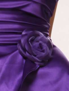 This beautiful, short knee length purple bridesmaid dress is strapless 