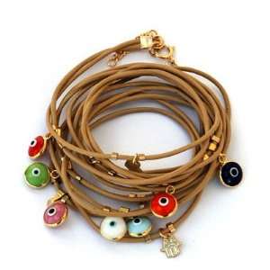    Leather Bracelet with Gold Evil Eye Charms By MIZZE Jewelry