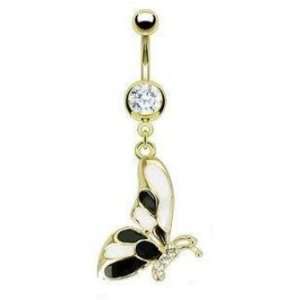 Gold Plated Butterfly Belly Navel Ring Black & White Clear Gems Dangle 