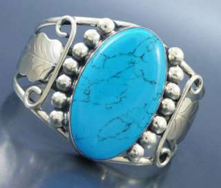 Big Turquoise Feather Design Cuff Bracelet   Mexican Silver  