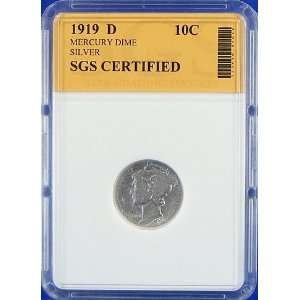  1919 D Mercury Silver Dime SGS Certified Authentic 