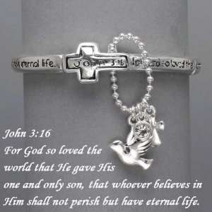   Womens Bracelet , John 316 Bible Verse, Dove & Cross Charm Jewelry
