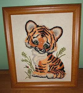 Vintage Framed Tiger Cub Latch Hook Picture Wall Decor Handmade 