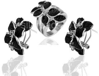   Swarovski crystal 18K W gold GP rose flower ring&earrings set BB10