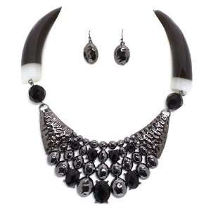 Necklace Set; 18L; Black And White Tusk Shaped Chain; Gunmetal; Black 