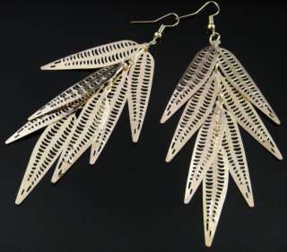   Multi leaf Long Hook Dangle Earrings Golden Tone 24a 45 T1130  