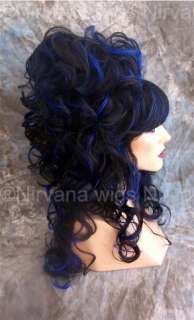 Black w/ blue highlights Custom Wig w High Beehive & Long Ringlet 