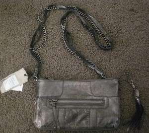 NWT OLIVIA HARRIS PEWTER HOLIDAY METALLIC LEATHER CHAIN CLUTCH BAG 