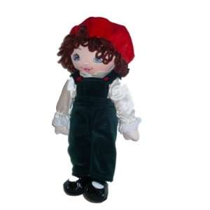  Rag Doll in Green Velvet Overalls and Red Hat 12 Inches 
